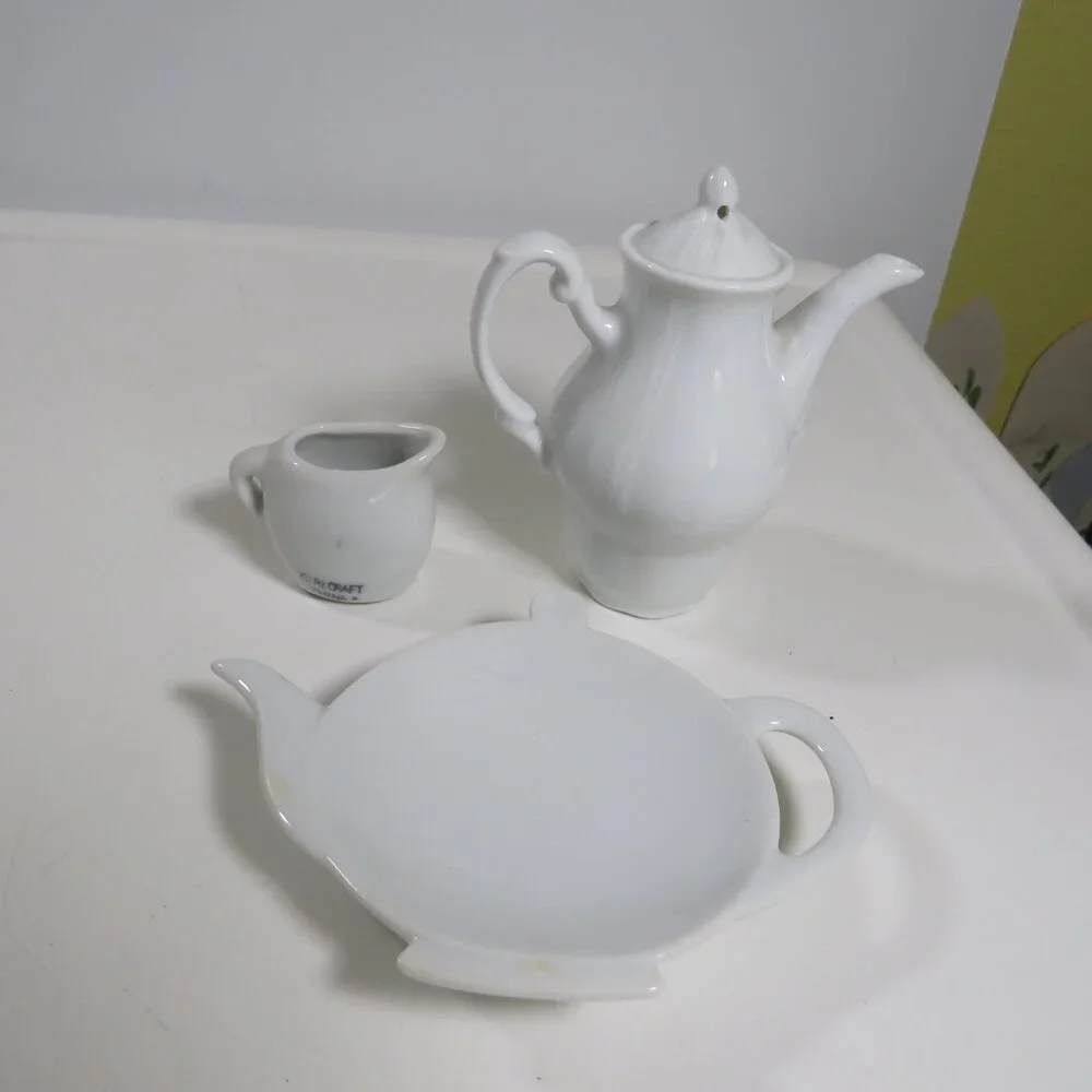 VTG Mini Tea Set Trio: White Porcelain Tea Bag Rest, Tall Ornament & Rose Cream